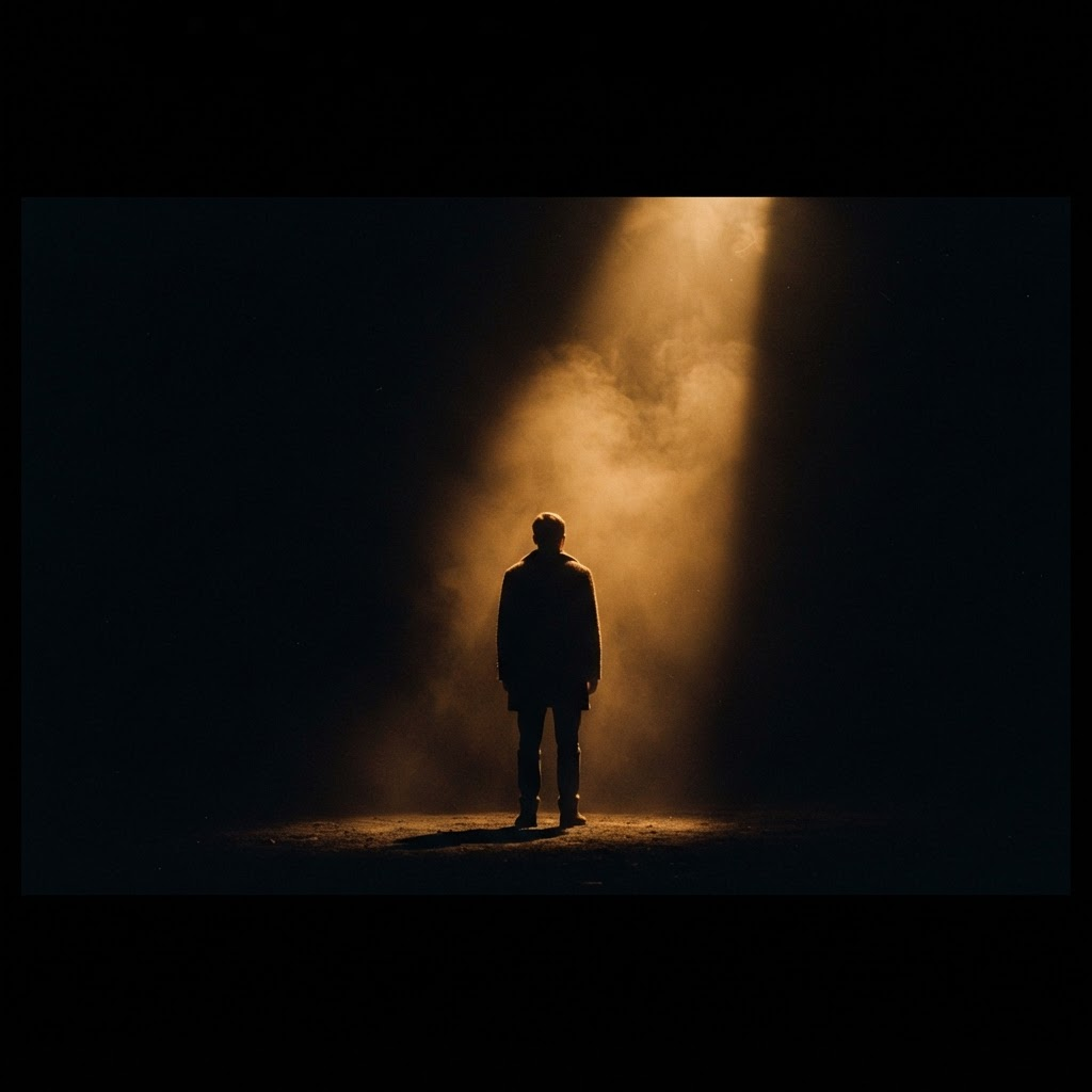 A lone silhouette lit by a shaft of warm golden light in a vast dark space